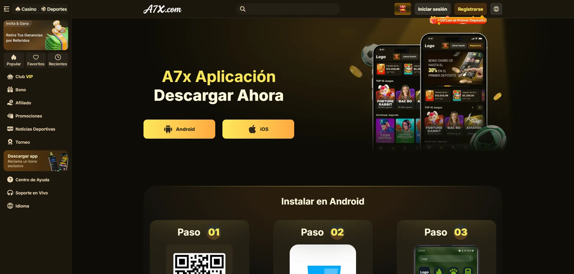 Aplicación móvil de A7X Casino para iOS y Android
