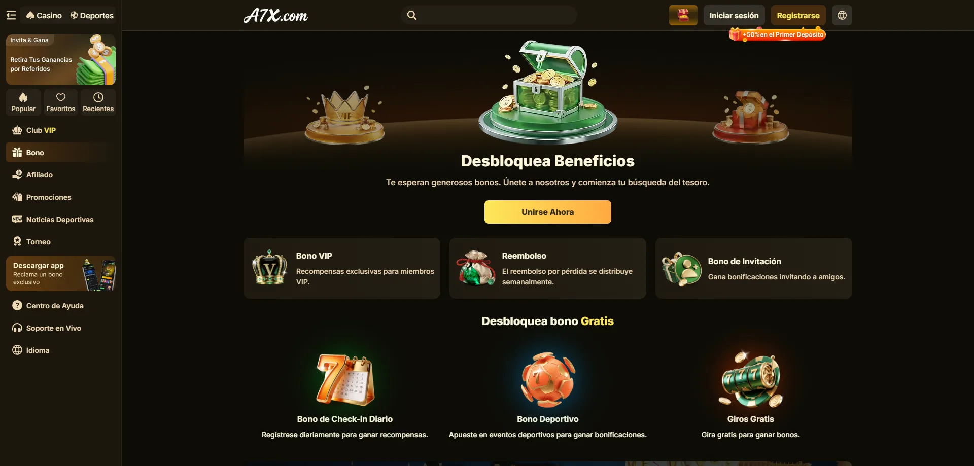 Bonos y torneos de A7X Casino con premios en efectivo