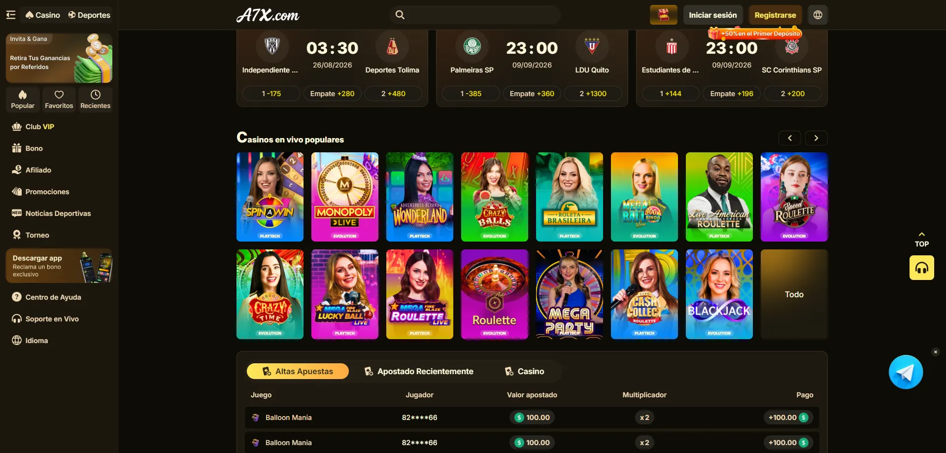 Casino en vivo A7X con dealers reales — Evolution y PlayTech